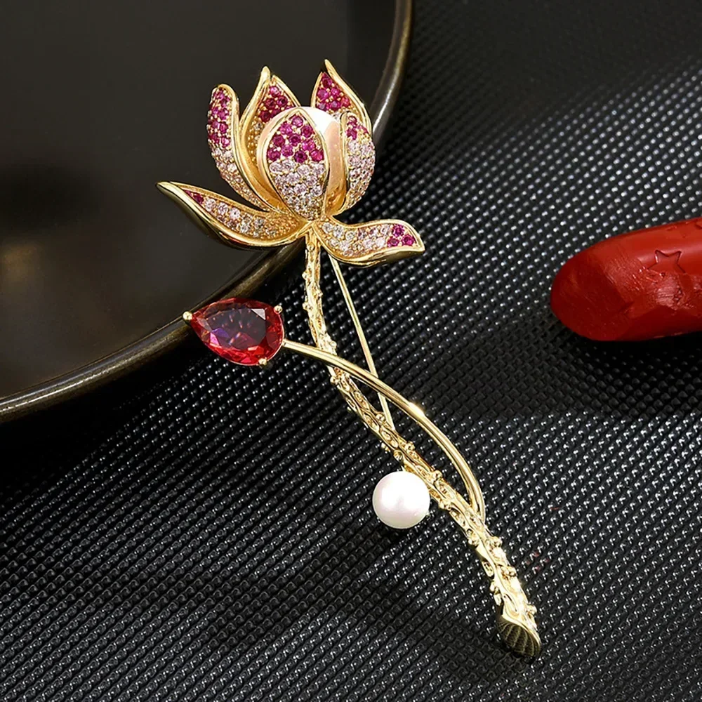 

Ruby Lotus Silver Natural Quartz Handmade Fine Jewelry Flower in The Rain Design Brooches Pin Broche for Women Exquisite Gift