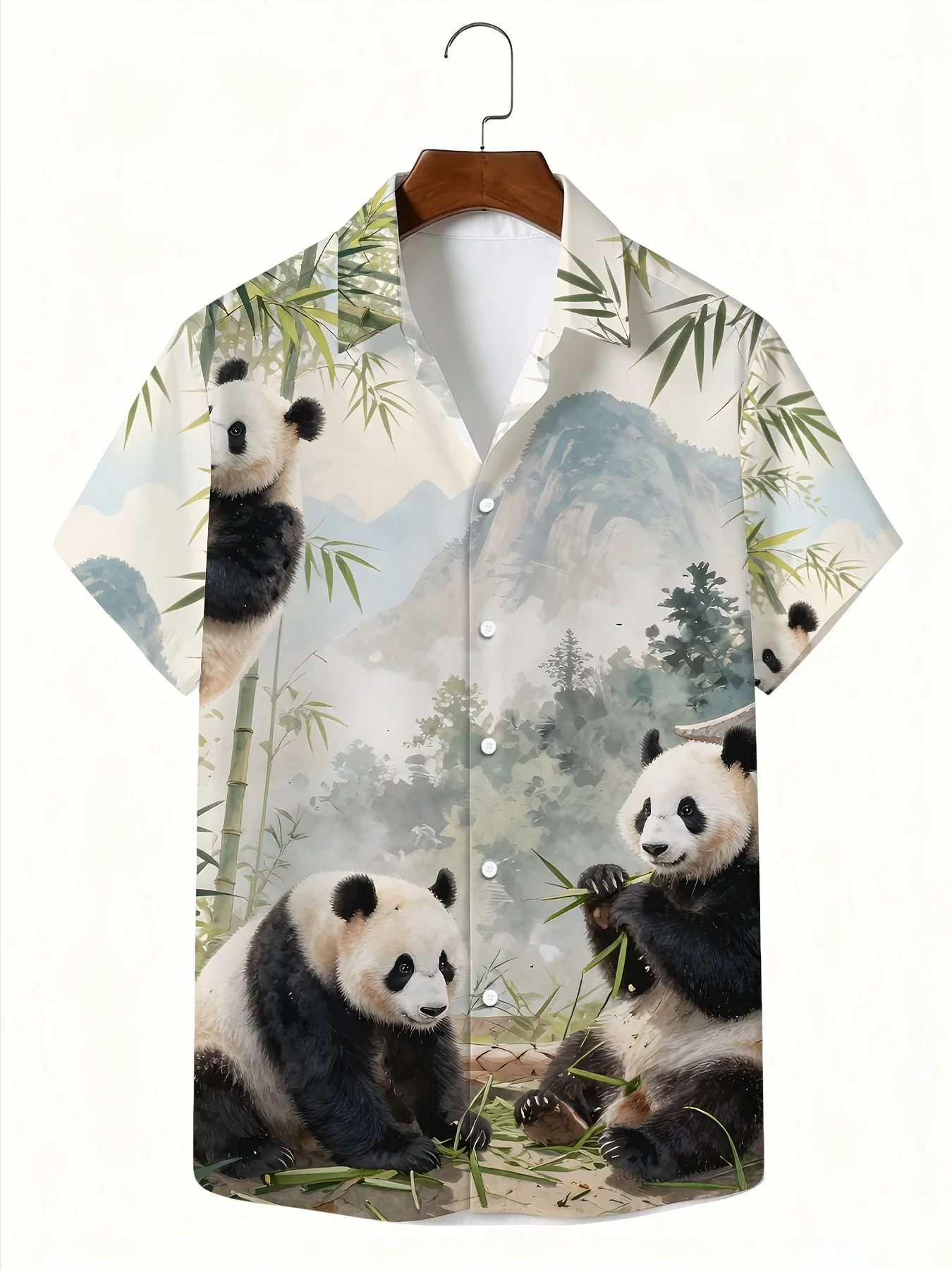 Men Short Sleeve Button Down Shirt Panda Bamboo Mountain Landscape Print Polyester Casual Vacation Beach Blouse