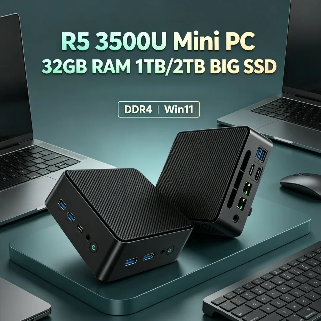 In Stock Large Storage Portable Mini Desktop AMD Ryzen 5 3500U Hot 32GB DDR4 2TB M.2 SSD 4K HDMI DP Win11 Home Office PC