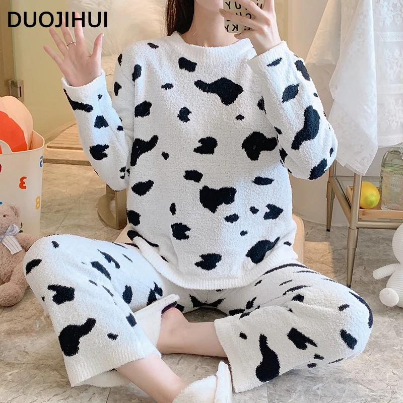 DUOJIHUI-Pyjama chaud à col rond pour femme, pull basique, pantalon simple, ensemble de pyjama femme décontracté, document de sort, mode hiver, nouveau