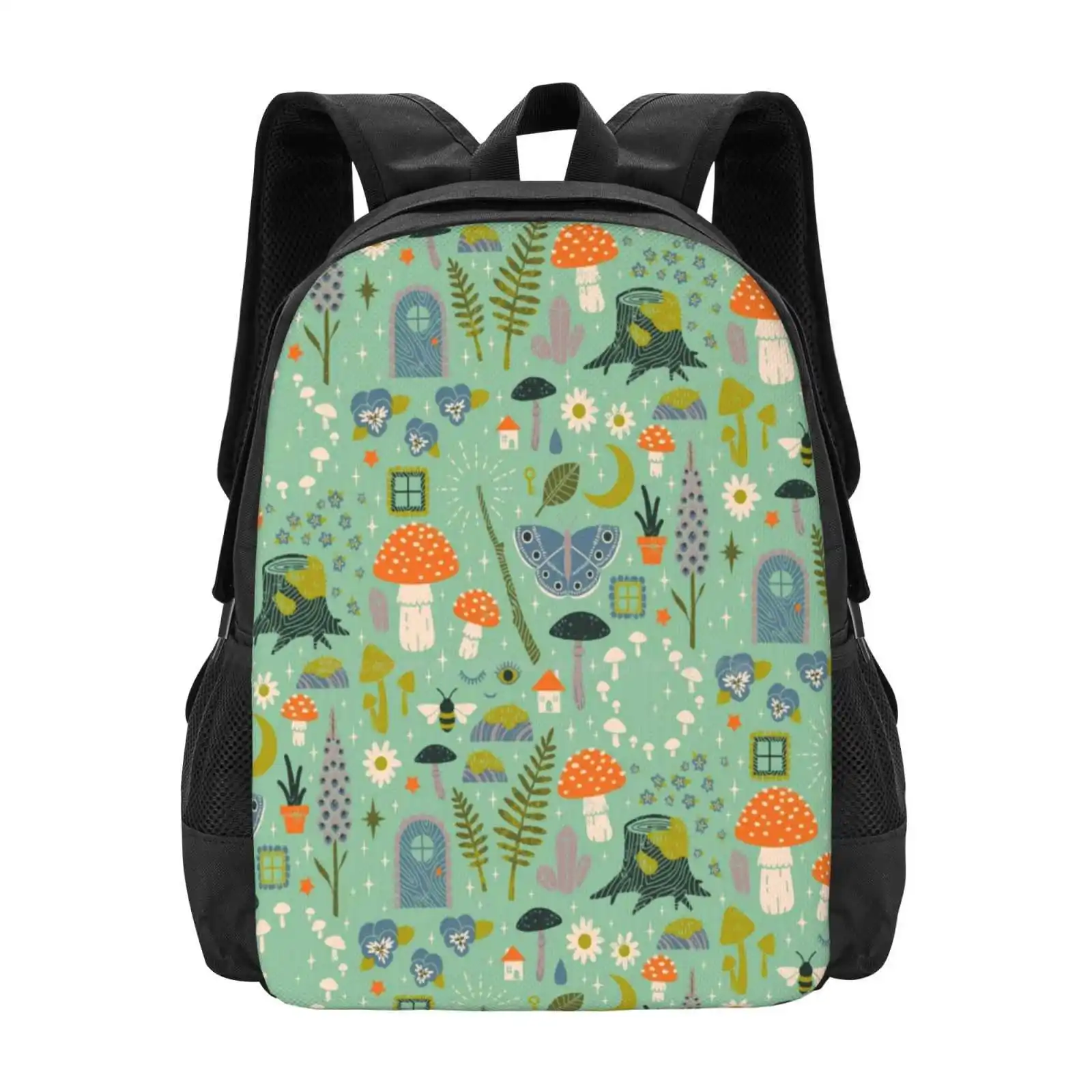 Fairy Garden Pattern Design Bagpack School Bags Pattern Mint Pastel Fairy Garden Nature Mushrooms Butterfly Bee Flowers Floral