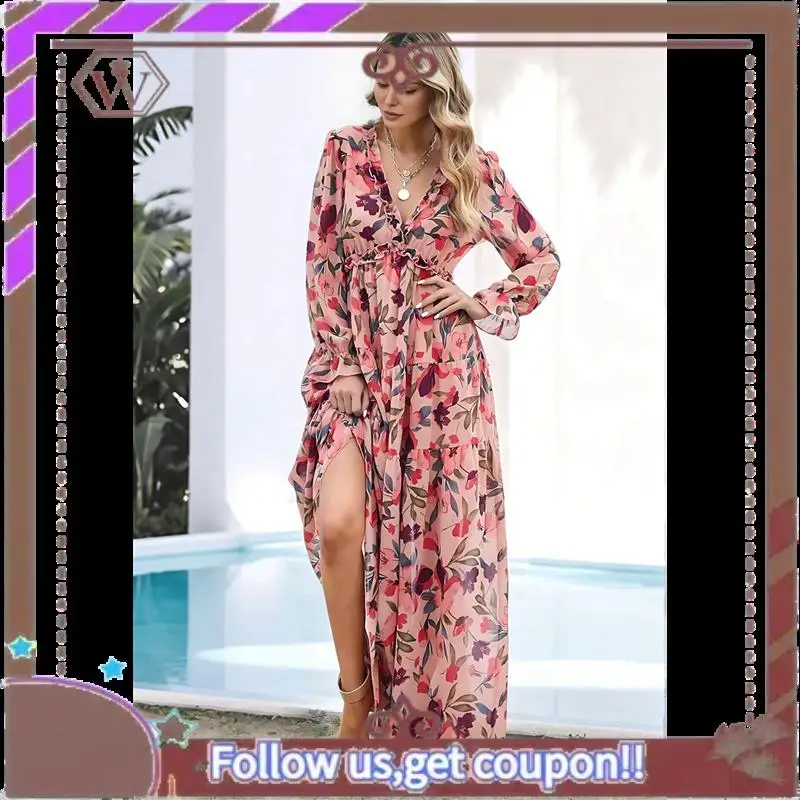 Sukienka maxi w stylu boho dla kobiet, dekolt w serek, bufiaste długie rękawy, falbany, krój w kształcie litery A, rozcięcie, rozkloszowany krój, szyfonowa sukienka.