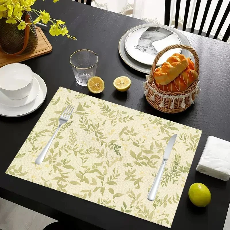 VIKAMA Placemat Cream Green Foliage Print, Waterproof Oil-Proof Heat-Resistant Non-Slip Dining Table Mat