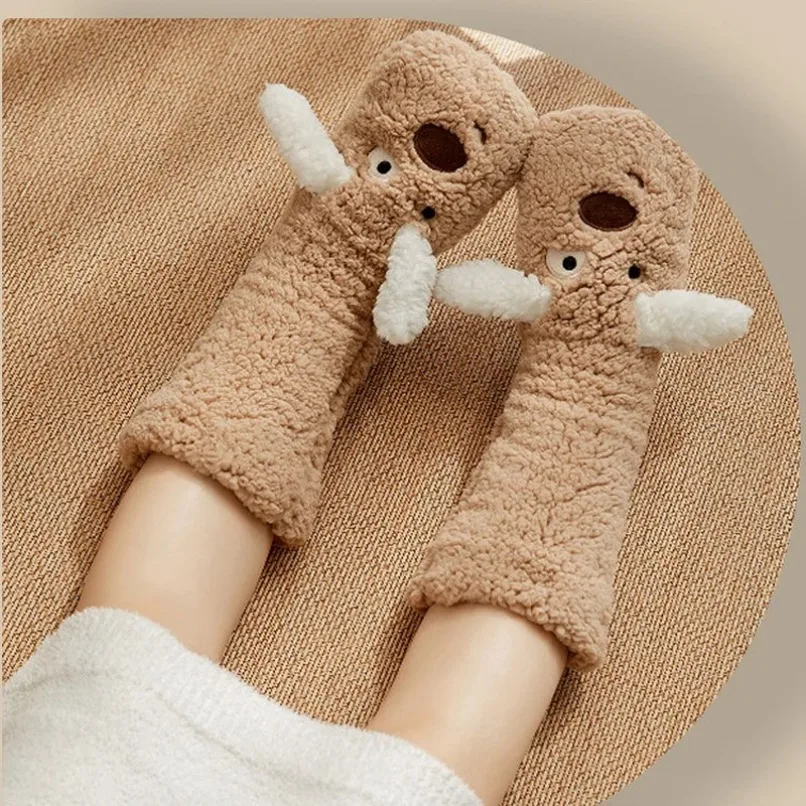 Fluffy Sock Women Fuzzy Thermal Winter Warm 3D Dog Funny Cute Kawaii Non Slip Cartoon Sleeping Soft Comfy Floor Slipper Sock view 3