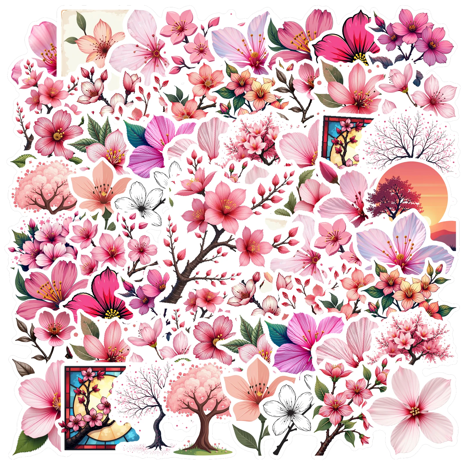 35-50pcs Cherry Blossom Stickers Spring Summer Aesthetic Decorative Luggage Laptop Cup Phone Diary Graffiti Decals
