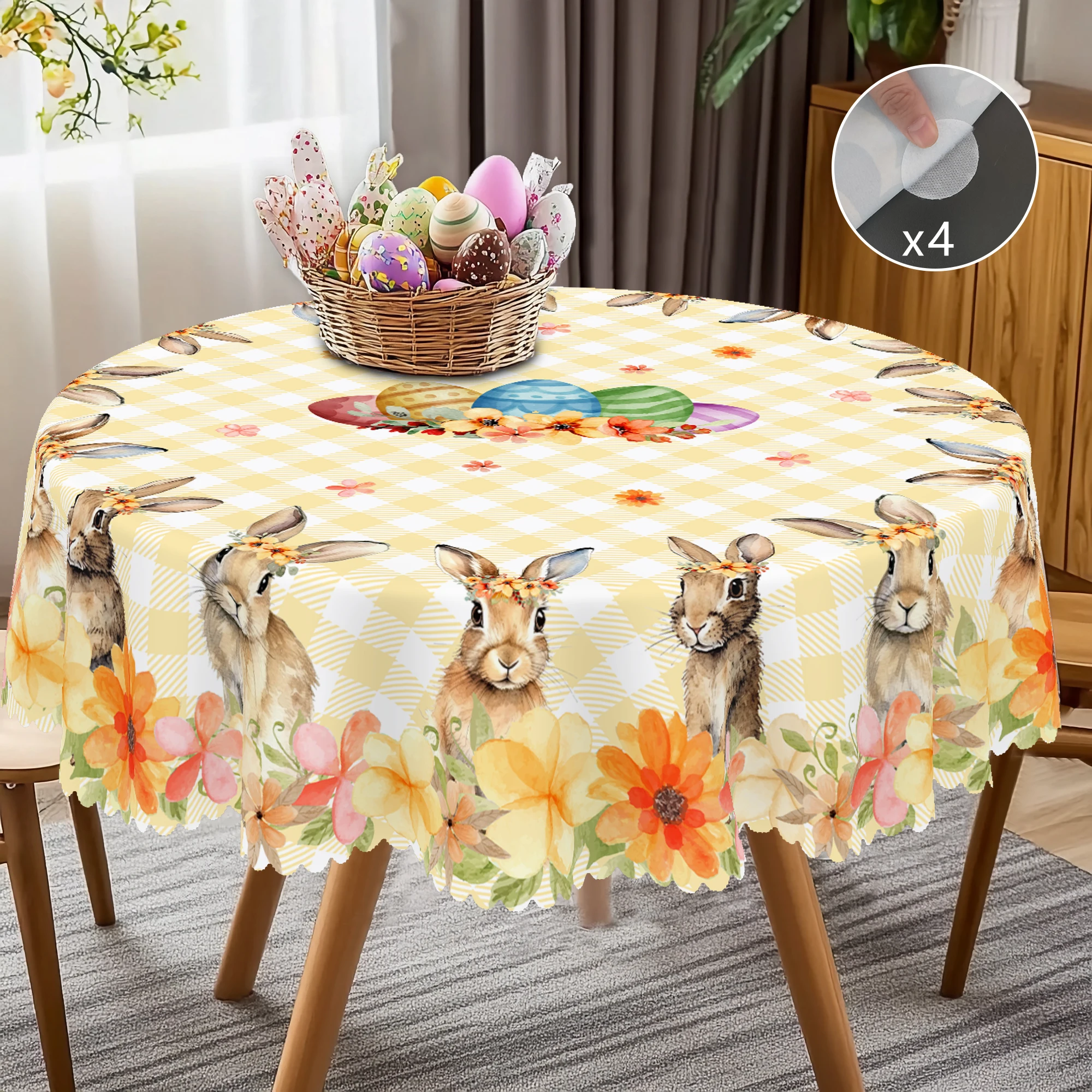 1 Piece of Easter Round and Rectangular Tablecloth, Available in Various Sizes, Cute Wreath, Painted Bunny, Colored Eggs and Plaid Gold-Printed Round Tablecloth, Edge Lace Craft, Easter Home Dining Table Decoration, Suitable for Family Dining Rooms and Courtyards during Easter, Easter Decoration, Spring Party Decoration Gift