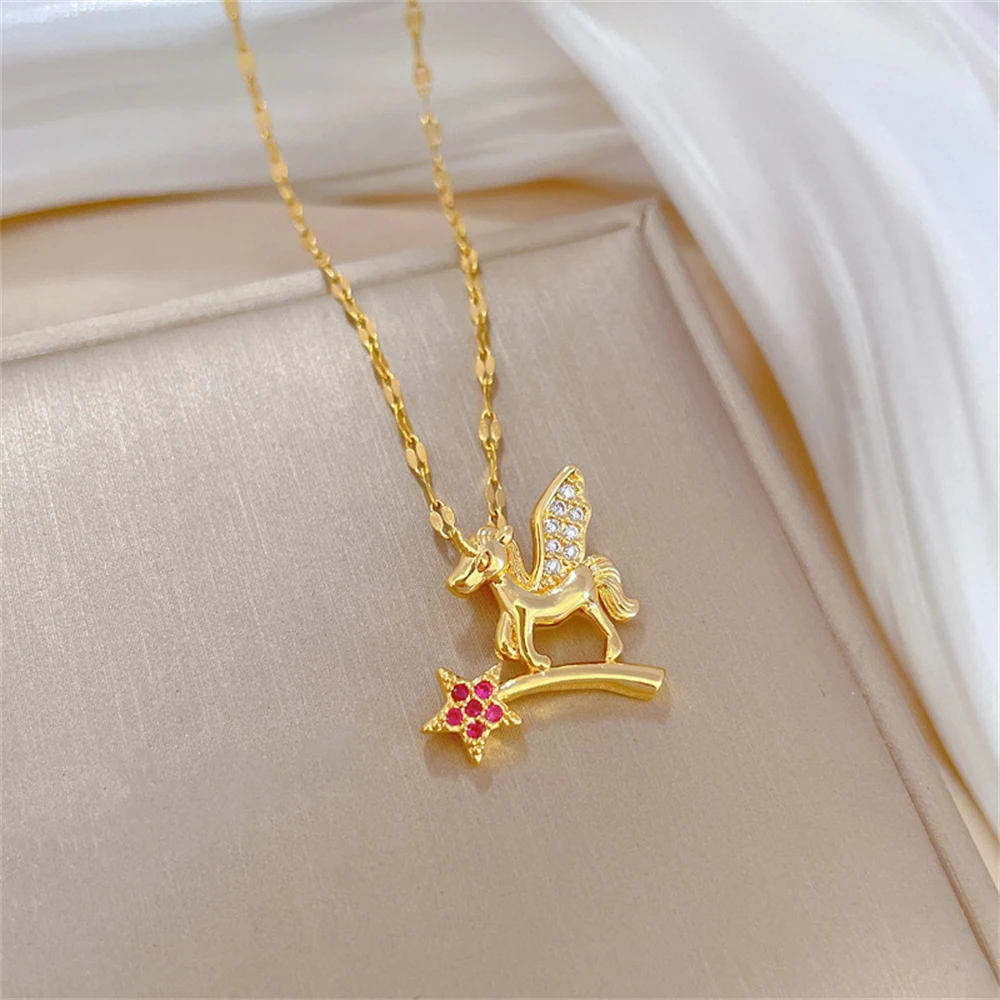 Titanium Steel Pegasus Necklace Luxury Designer Jewelry Acero Inoxidable Joyeria De Mujer Magic Stick Horse Pendant Choker