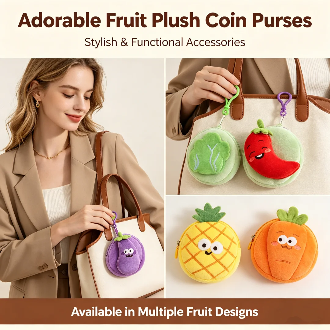 Creative Fruit Vegetable Shape Plush Coin Purse Cute Pear Orange Wallet Keychain Headphone Key Storage Bag Kids Girls Gifts