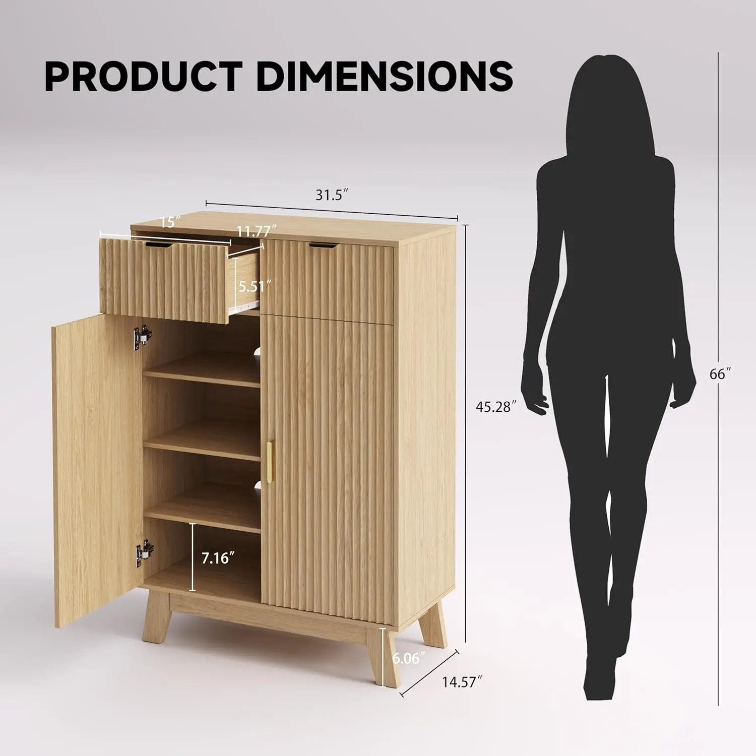 new Fluted Shoe Cabinet, 4-Tier Mid Century Modern Narrow Shoe Storage Cabinet with Doors & 2 Drawers, Adjustable, Customized