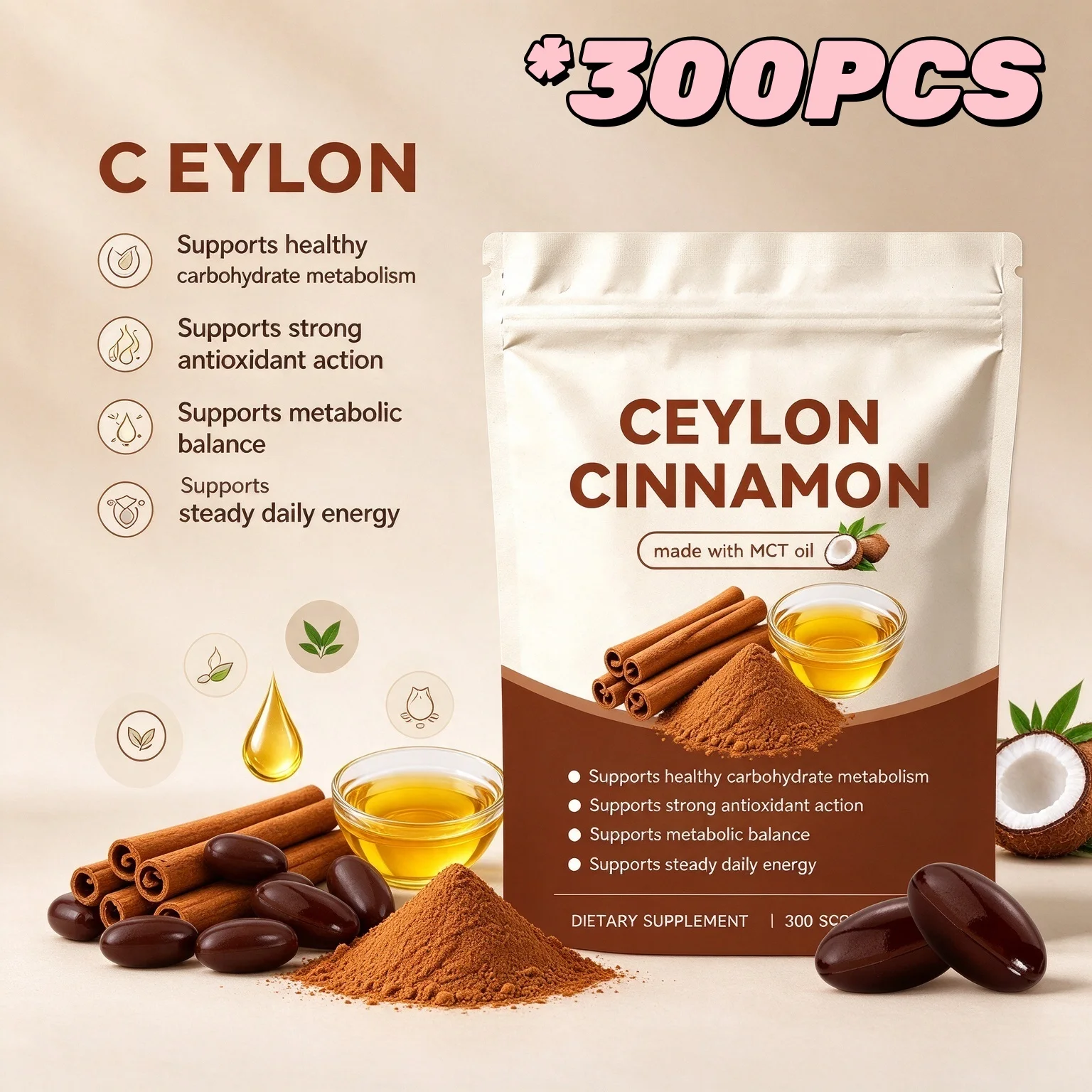 True Ceylon Cinnamon Capsules Antioxidant Extract Promote Metabolic Balance Boost Energy Gluten Free Daily Wellness Supplement