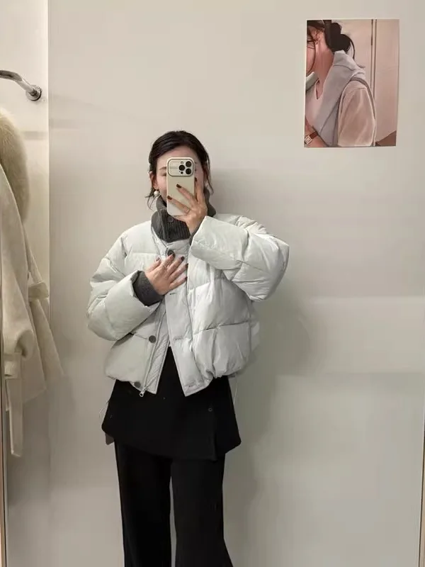 

Warm Knitted Patchwork Stand Collar Single Button Cotton Jacket Women's Winter Gentle Sweet Blue Cotton Clothes