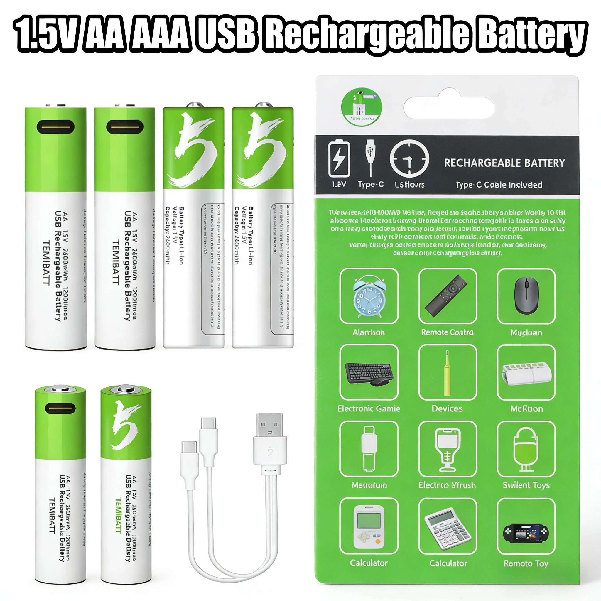 

USB Rechargeable 1.5V Lithium Ion Battery AA AAA 2600mAh 750mAh Fast Charge for Electronic Toys Keyboards Rechargeable Battery