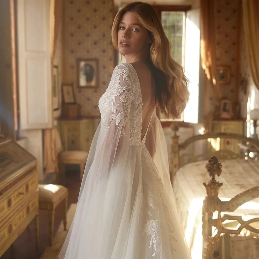 Nowoczesne suknie ślubne koronkowe szyte na miarę z długim rękawem suknia dla panny młodej miękki tiul koronka linia A tren dworski فستان حفلات