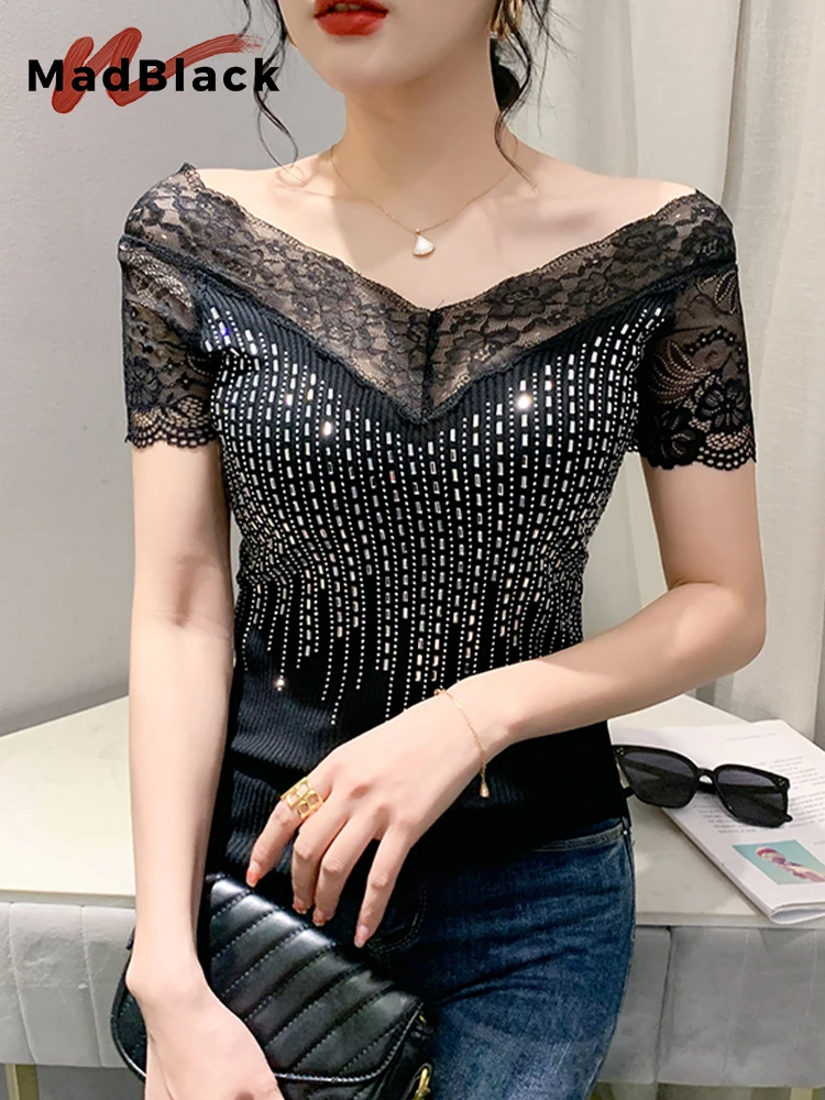 

MadBlack Summer Off Shoulder Rivet Tshirts European Clothes Sexy Lace Shinny Diamonds Women Slim Tops Short Sleeve Botto T33507X