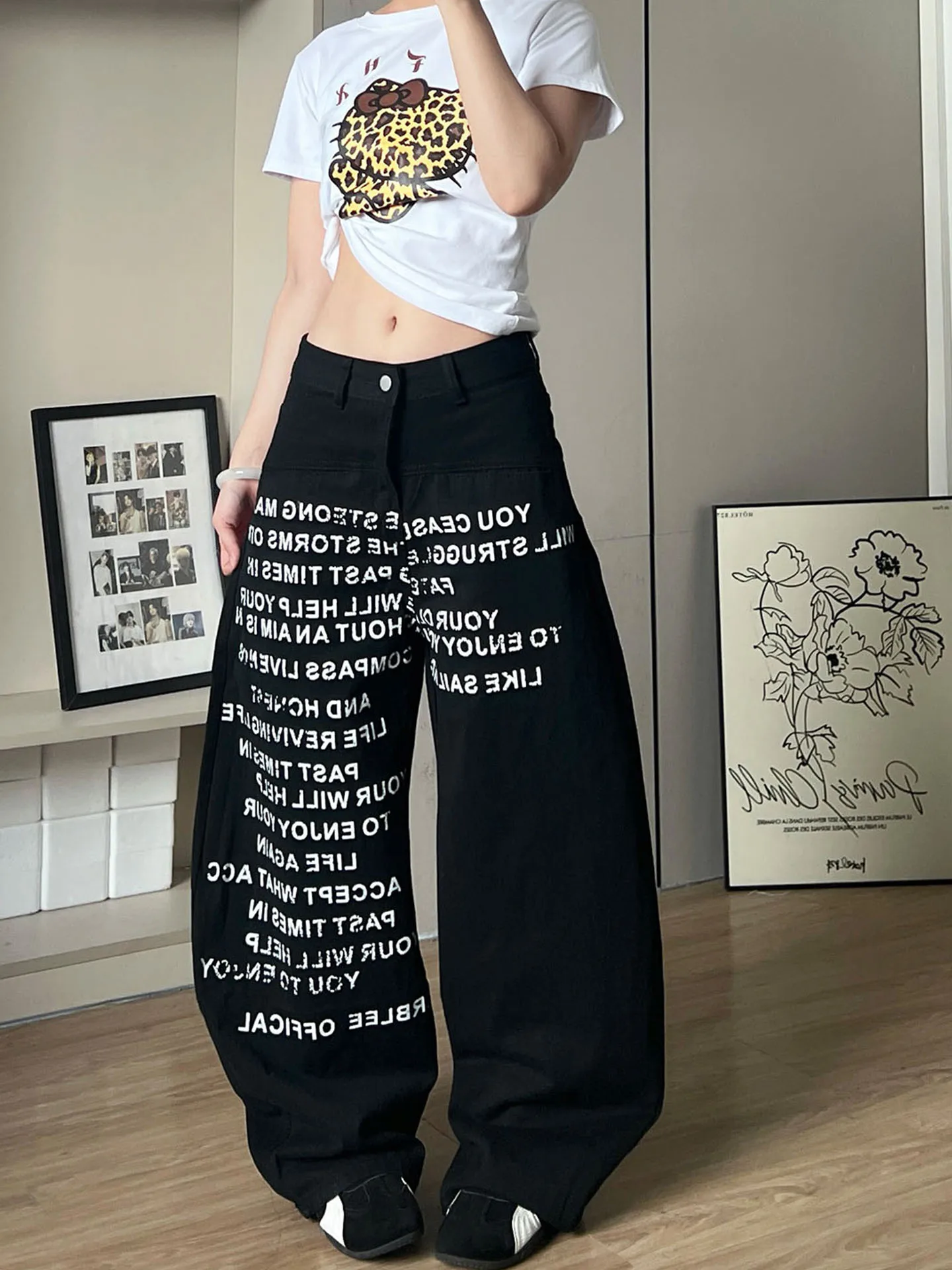 Women American Letter Print Black Jeans Stylish Design Loose Straight Wide Leg Baggy Casual Streetwear Denim Trousers