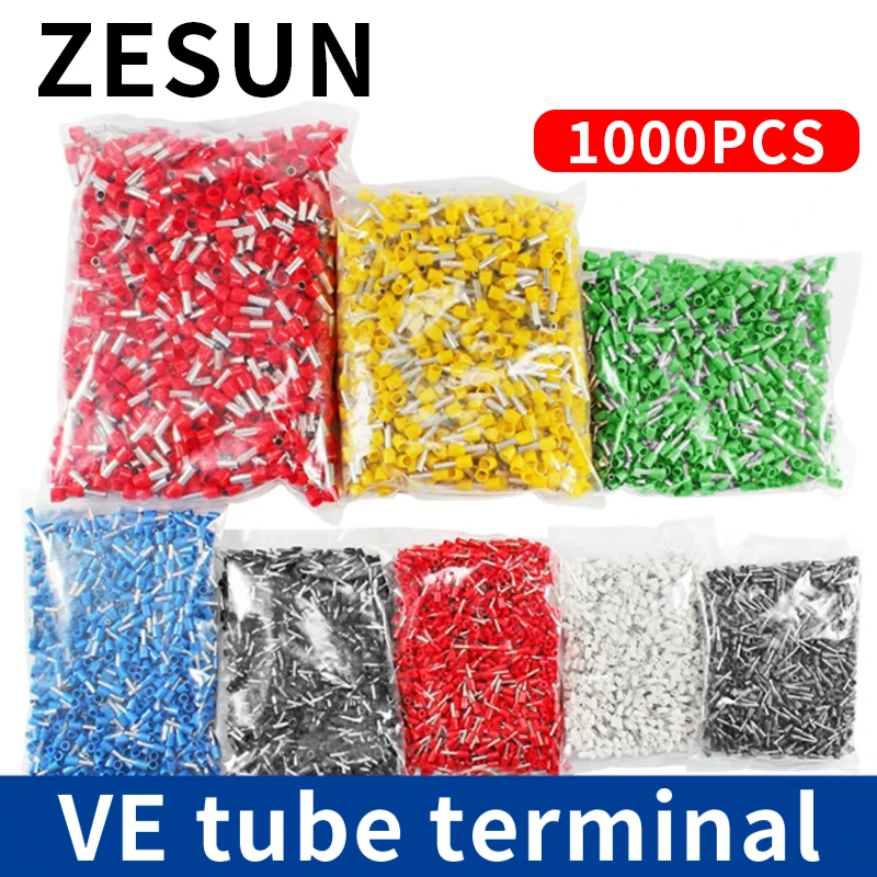 1000PCS VE brass tube type pre insulated pin terminal connector with cold pressed copper wire nose E1508/2508/4009/6012 AWG22-7