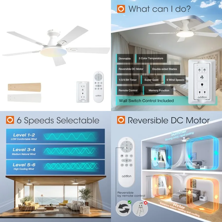 Ceiling Fans with Lights, 52 inch Flush Mount Ceiling fan with Remote Control, Wall Remote, Reversible, 5CCT, Dimmable, Noisele