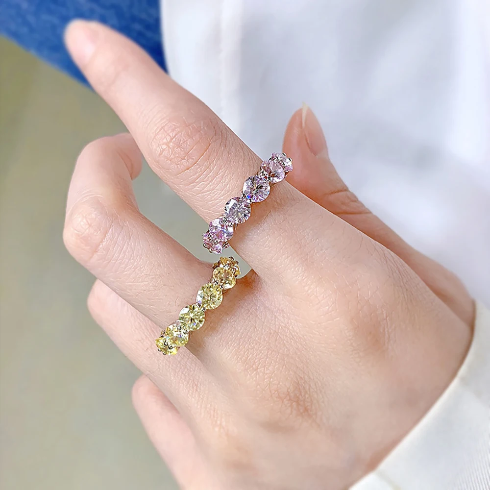 Luxury 100% 925 Solid Silver 5mm Pink Quartz Topaz High Carbon Diamond Rings for Women Gemstone Wedding Party Fine Jewelry Gift