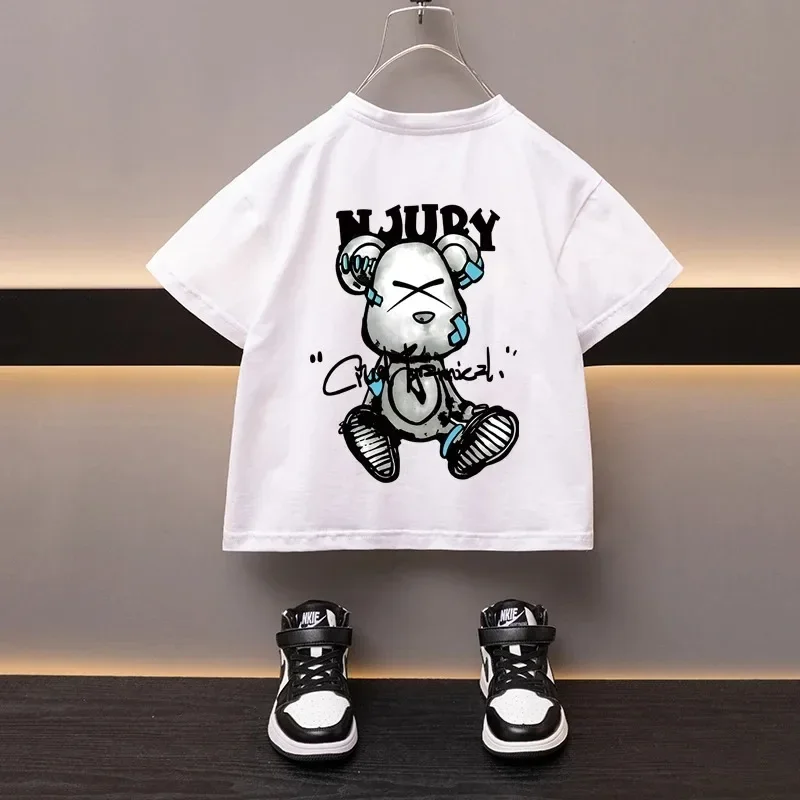 Boys Girls Cotton T-shirt Japanese Cartoon Cool Bear Printed Children's Top Summer Breathable Sports Shirt High Quality 2-12T