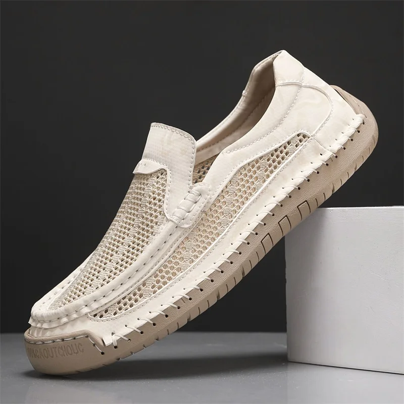 

Summer Loafers For Men Handmade Flat Mocasines Footwear Plus Size 38-48 Split Leather Casual Shoes For Men Breathable Mesh Shoes