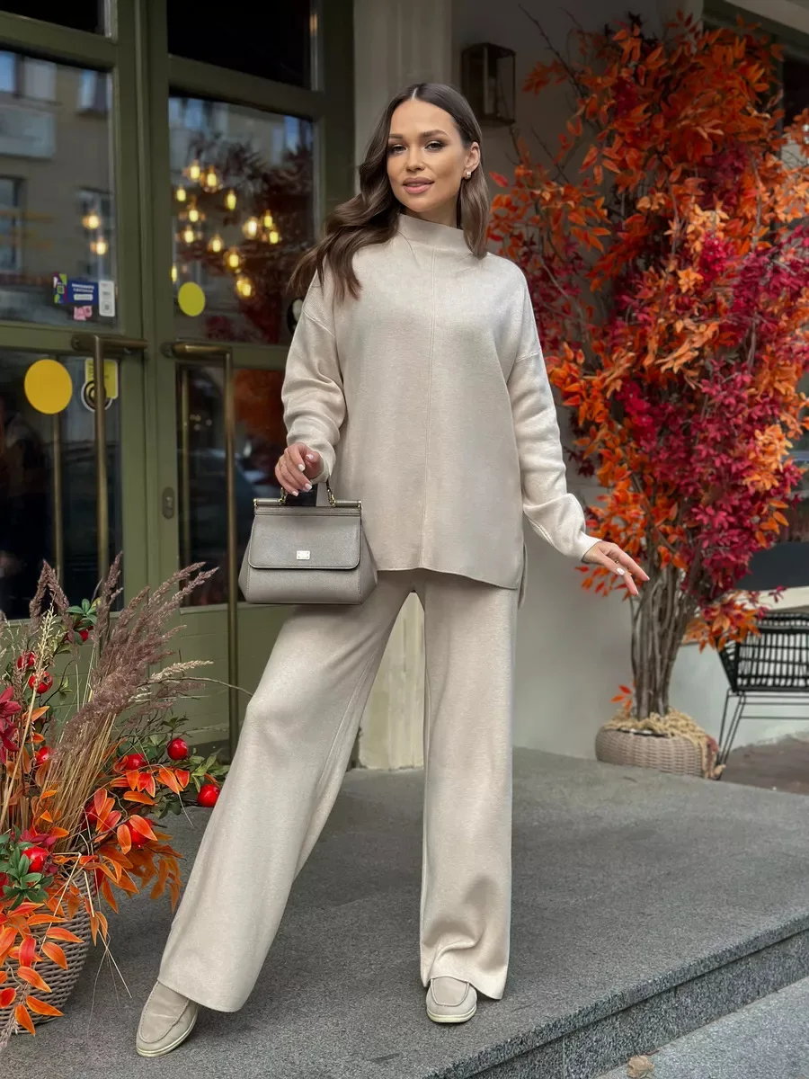 Autumn Winter 2 Pieces Women Sets Knit Tracksuit Long Sleeve Sweater High Waist Trousers Casual Set Clothing Jogging Pants Suits