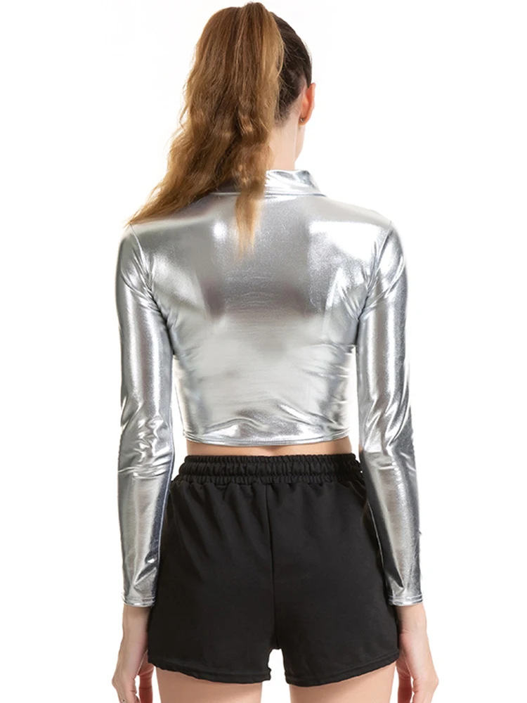 CHSDCSI PU Short Top Women Shiny Leather Top High Street Turtleneck Dance Clubwear Long Sleeve Tops Gold Silver Costumes T shirt