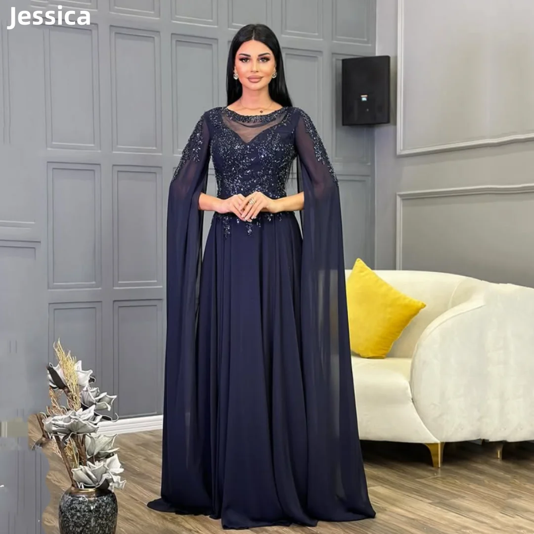 

Jessica Dark Blue Evening Dresses Glitter Embroidery Luxury Prom Dresses Elegant Chiffon Shawl Wedding Party Dress Customized
