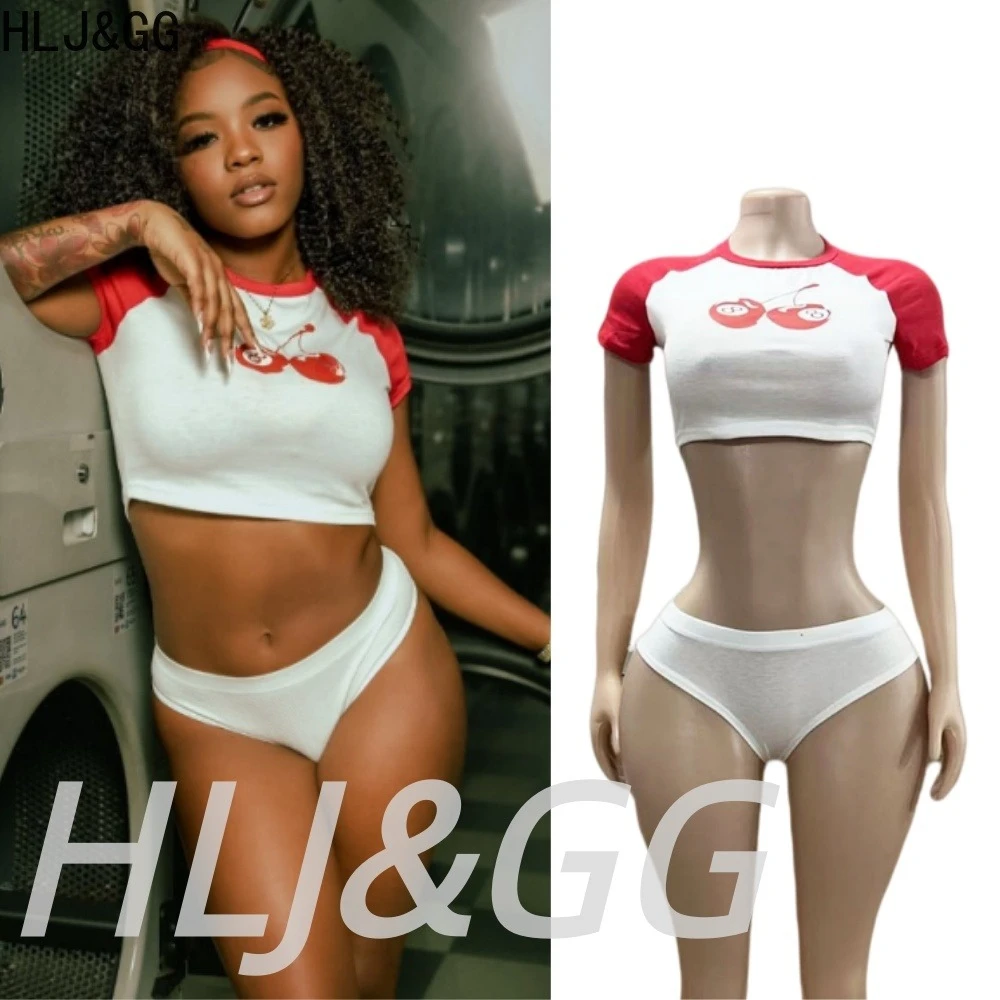 

HLJ&GG White Y2K Sexy Hot Girl Pattern Print Two Piece Sets Women O Neck Slim Crop Top And Shorts Outfit Fashion 2pcs Streetwear