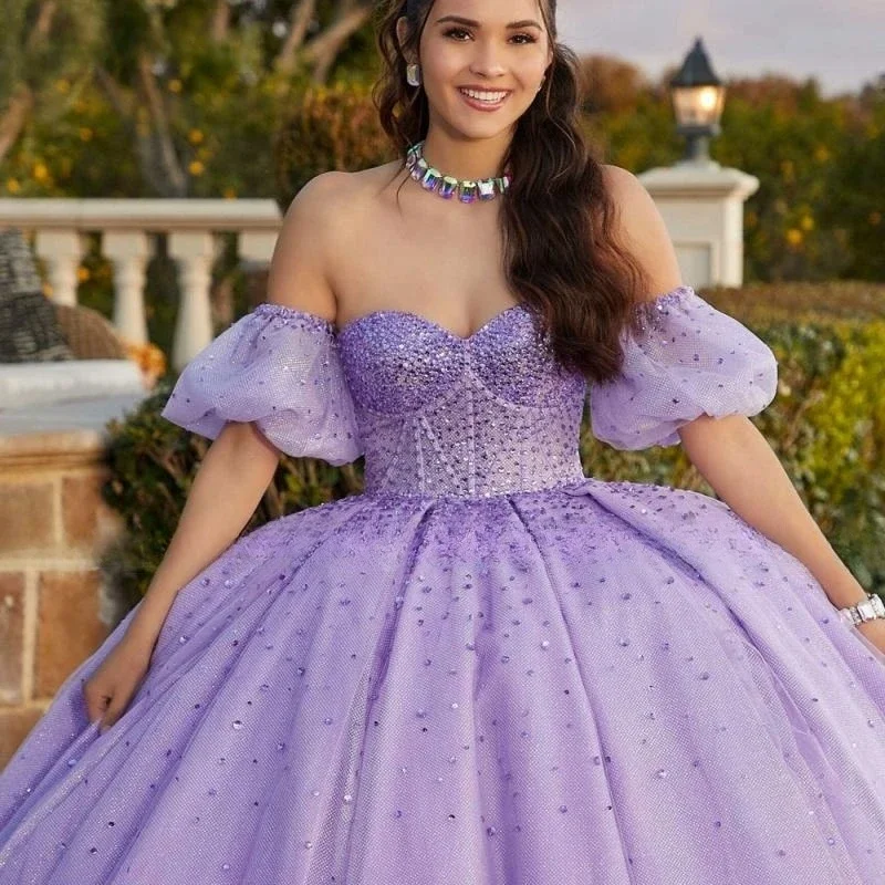 

Фиолетовое блестящее платье Quinceanera с пышными рукавами и бисером из тюля Vestidos De 15 Años Sweet 16, торжественное бальное платье для дня рождения