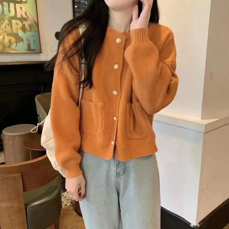 Round O Neck Kawaii Cardigan Knitted Top for Women Orange Short Winter Button Cute Ladies Sweaters Pink Crop Modern Fashion 2024