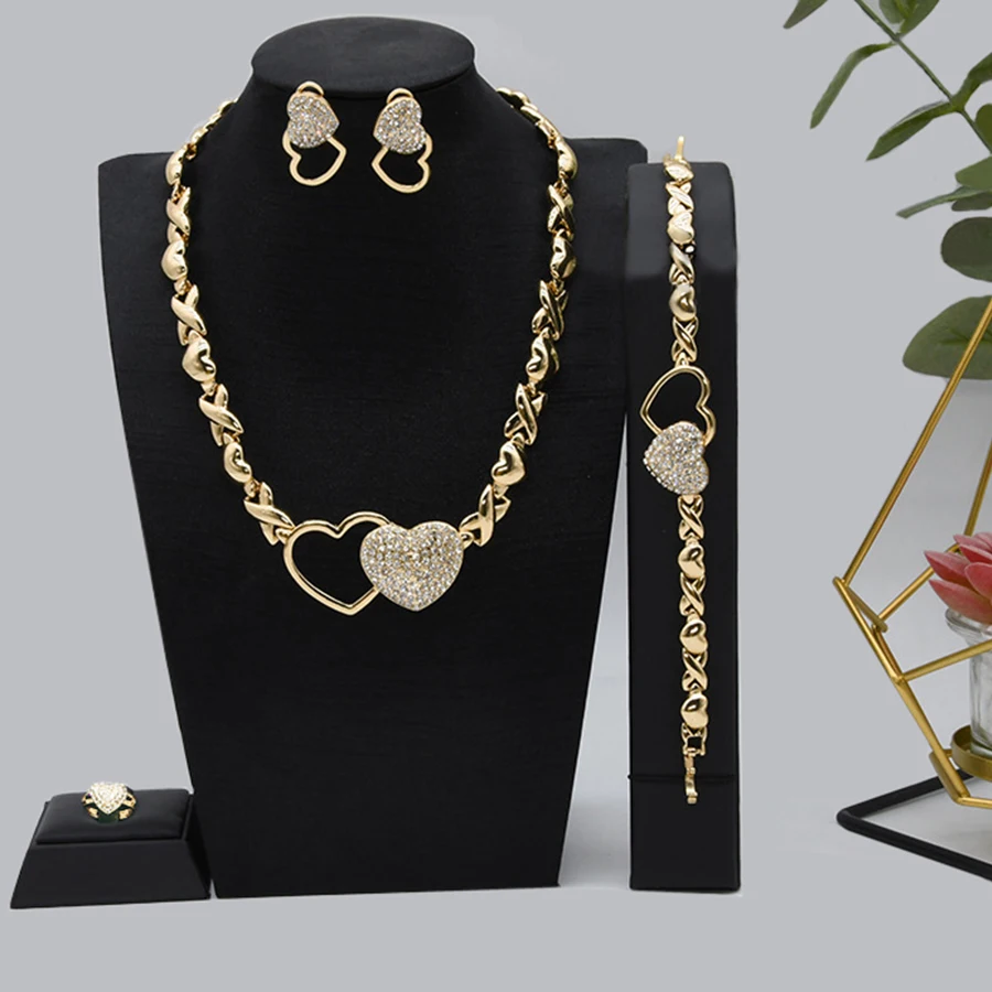 5pcs  heart-shaped jewelry set, XO necklace bracelet earrings, women's rhinestone ring, suitable for daily wear decoration