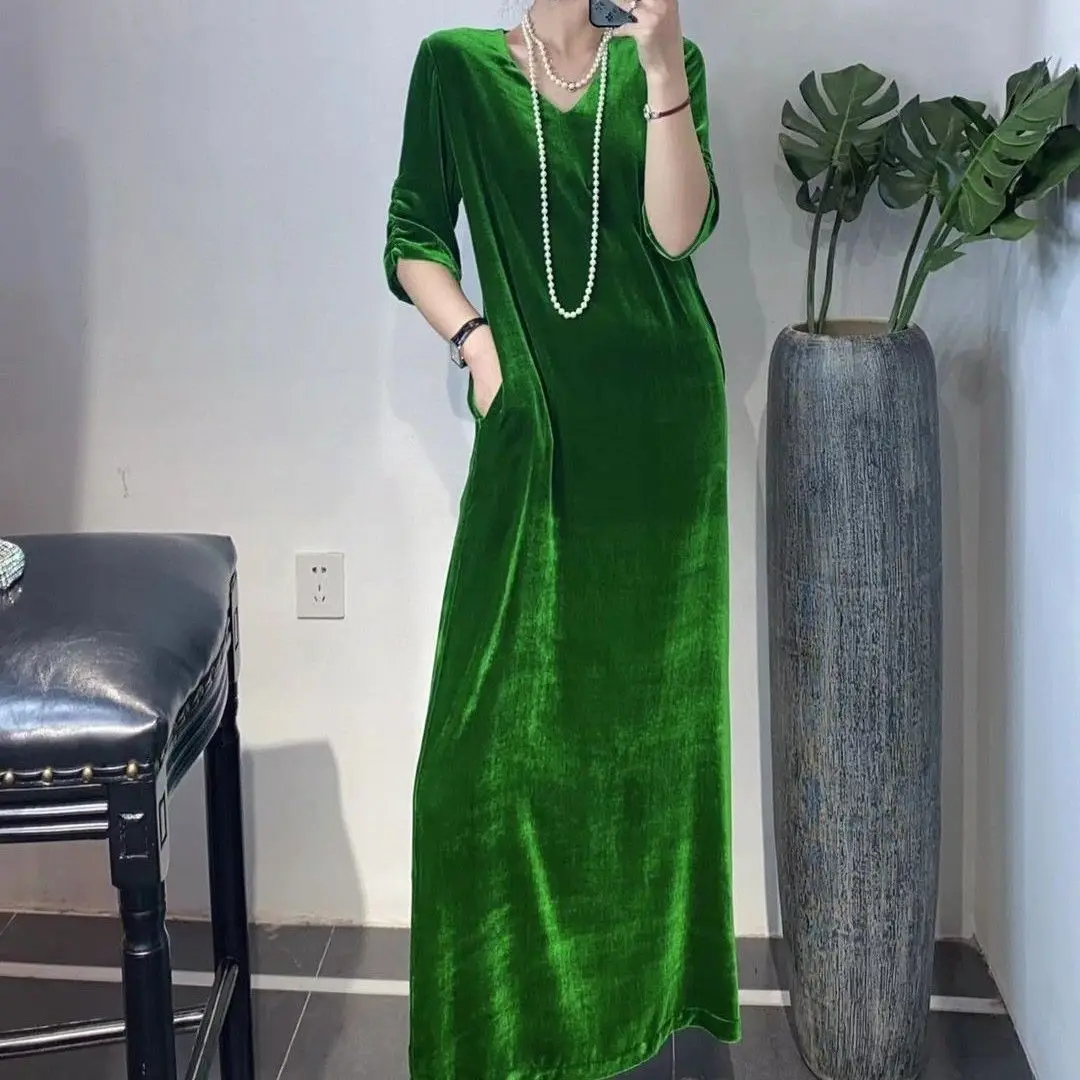 

2024 Spring and Summer Silk Velvet V-neck Loose Long Dress French Women women clothing long dresses for women