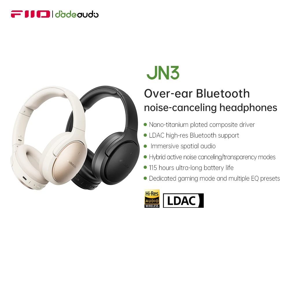 FIIO JN3 Noise Cancelling Headphones, Bluetooth 6.0 LDAC, 40mm Titanium Driver, Spatial Audio, 115H Battery for Travel & Gaming