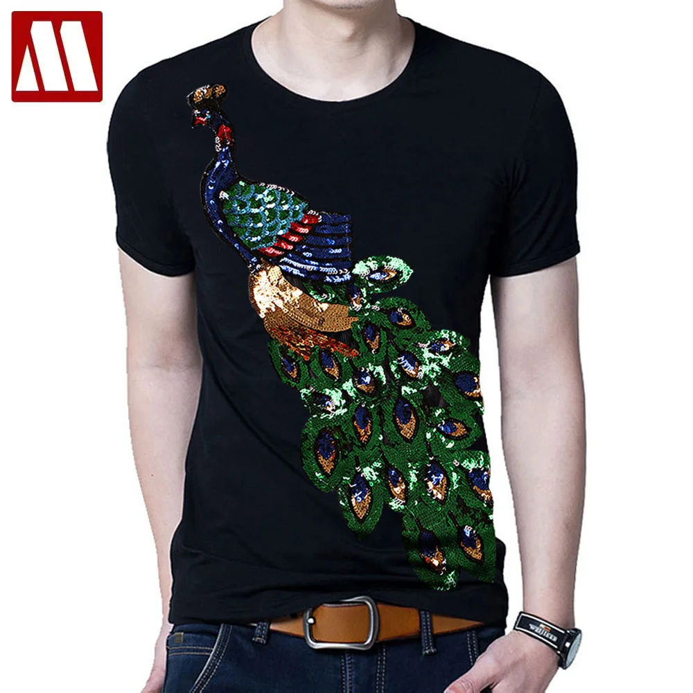 

Summer Elegant Sequins T-shirt Men's Peacock Sequined T shirts Men Fashion Cotton Tops Appliques Tee Shirt Male Sakura Clothes