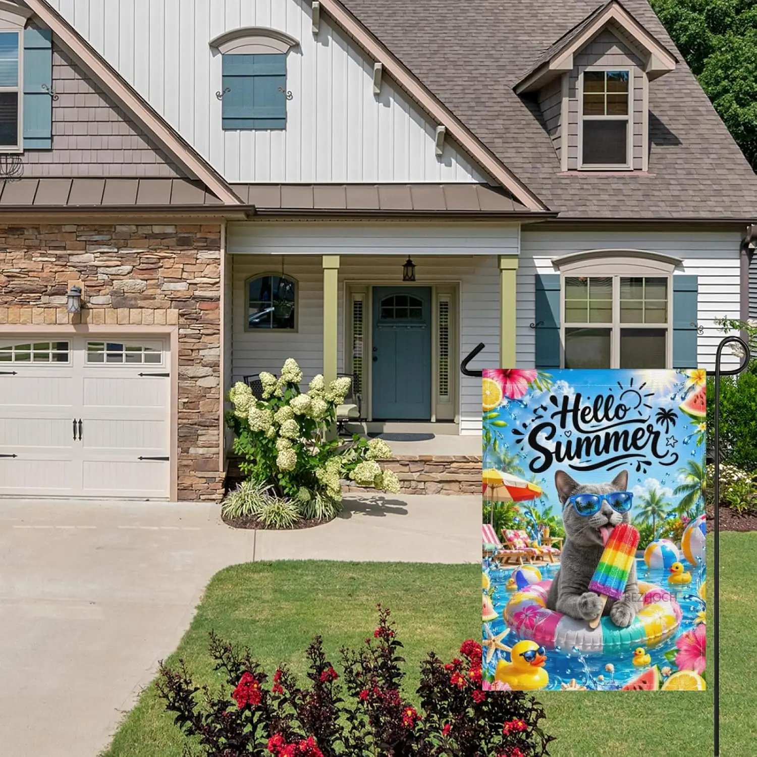 Hello Summer Funny Russian Blue Cat Welcome Garden Flag 28x40 Inch,Beach Pool Rainbow Popsicle Cute Animal Outdoor Yard Flag yyi
