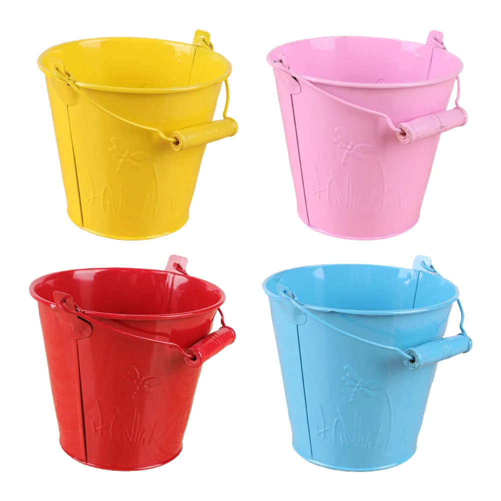 

4 Pcs Beach Bucket Toy for Kid Tinplate Child Toys Sand Mini Wooden Handle Buckets Baby