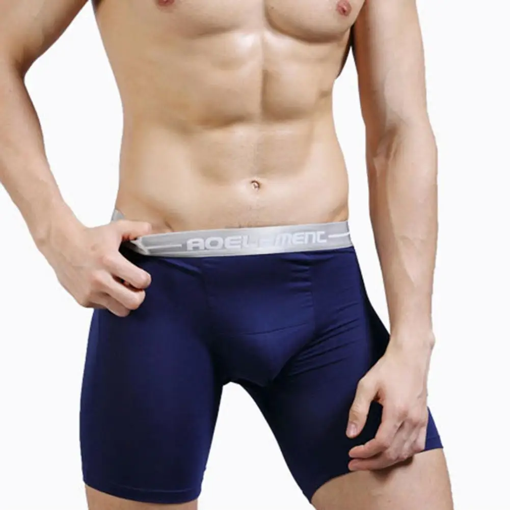 U-convex Long Leg Underpants Men\'s Letter Print Splicing Sport Underwear Solid Breathable U Pouch Mid-rise Shorts for Active