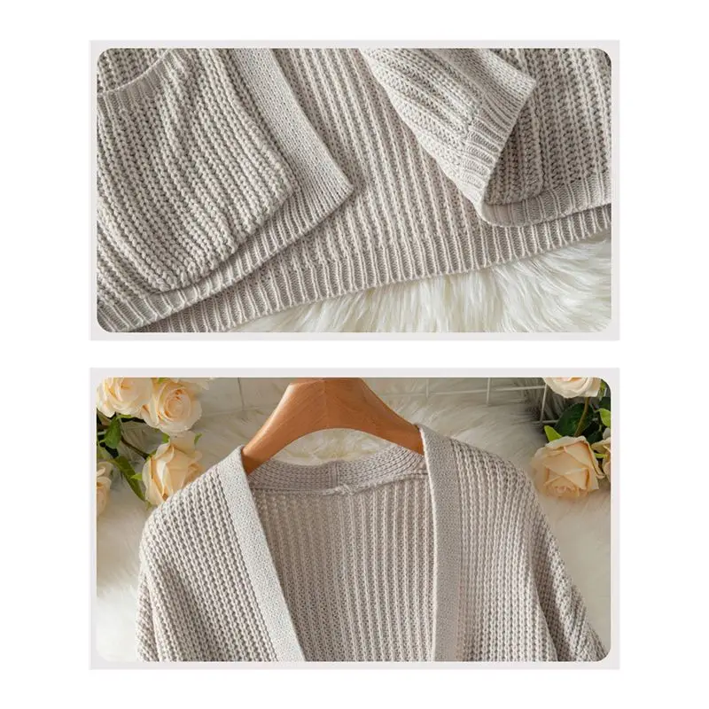 أفضل ما في 2025-سترة صوفية نسائية للخريف والشتاء موضة عادية كم طويل المتضخم سترة مشغولة من الصوف سترة