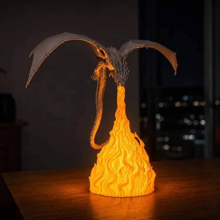 Flame Breath Dragon Shelf Lamp LED Night Light Fire Breathing Dragon Bookcase Decor Fantasy Gothic Desk Ornament Bedroom Gift