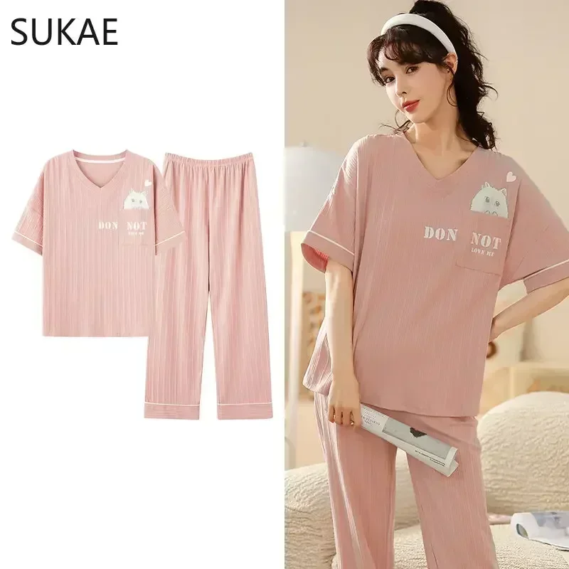 Suke M-5XL Summer Lady loungewear big size strip pajamas for women minimalist kawaii pink teens cotton two piece set sleepwear