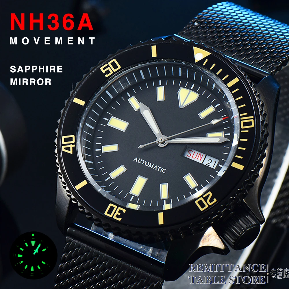 Men\'s Watch NH36 Automatic Mechanical Watch Sapphire Mirror Black Water Resistant Stainless Steel Diving Luxury Watch Men