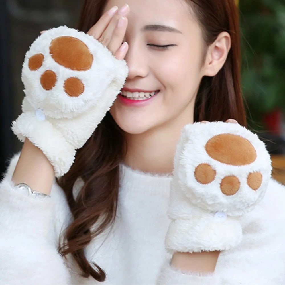 High Quality Autumn and winter thick warm half finger cute lady plush flip student keyboard touch screen gloves