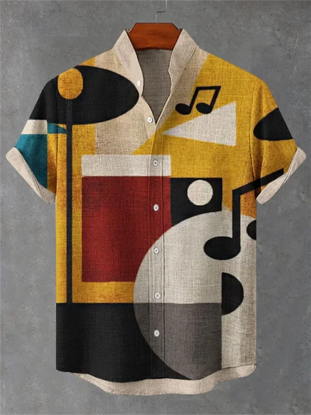 

Men's plus Size Linen Beach Shirt Retro Record Music Print Short Sleeve Stylish Stand up Collar Design with Buttons