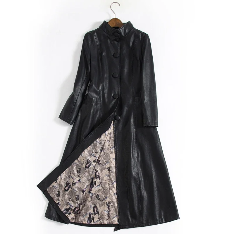 2023 Fashion X-Long Autumn Womens Black Leather Jacket Winter Single Breasted Faux Leather Coat Female Windbreaker