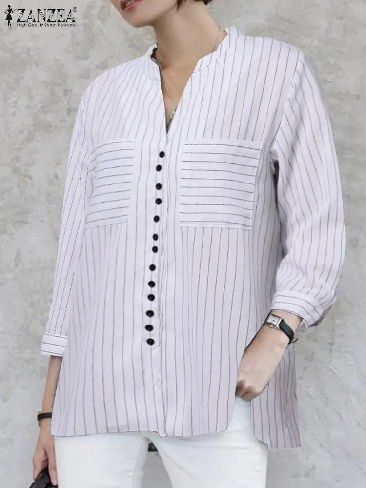 ZANZEA Summer Casual Tops Korean Fashion Blouse Stripe Printed Shirt Female 3/4 Sleeve V-Neck Blusas Woman Elegant Loose Chemise