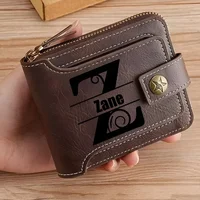 Personalized PU Leather Chain Short Wallet For Man, Engraved Name&Text Bifold Stylish Brown Wallet For Man Valentines Birthday 1