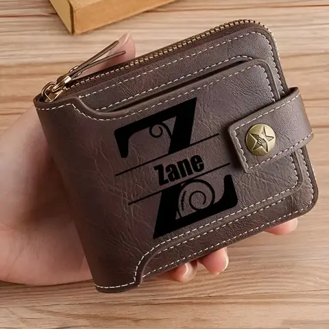 Personalized  PU Leather Chain Short Wallet For Man, Engraved Name&Text Bifold Stylish Brown Wallet For Man Valentines Birthday