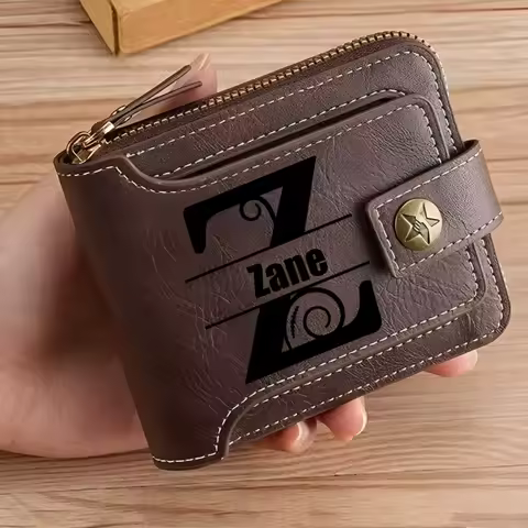 Personalized PU Leather Chain Short Wallet For Man, Engraved Name&Text Bifold Stylish Brown Wal... product image