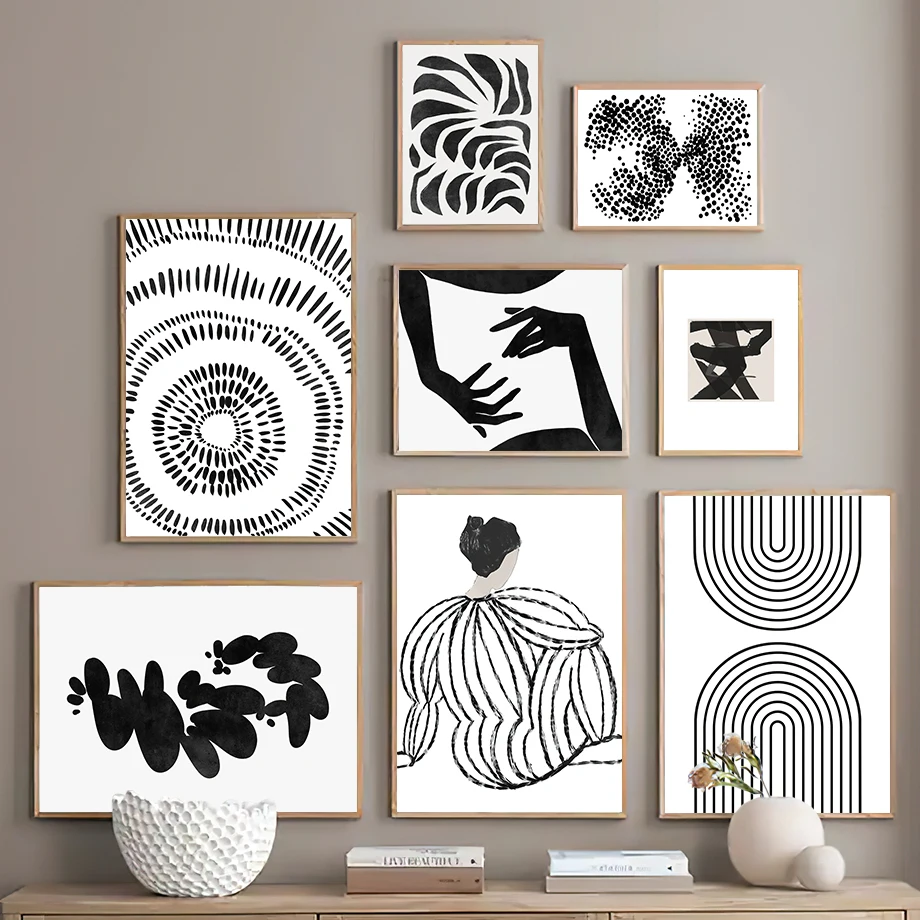 1pc frameless Canvas painting Canvas Painting Black White Minimalism Line Girl Geometric Leaves Posters Prints Living Room Ho