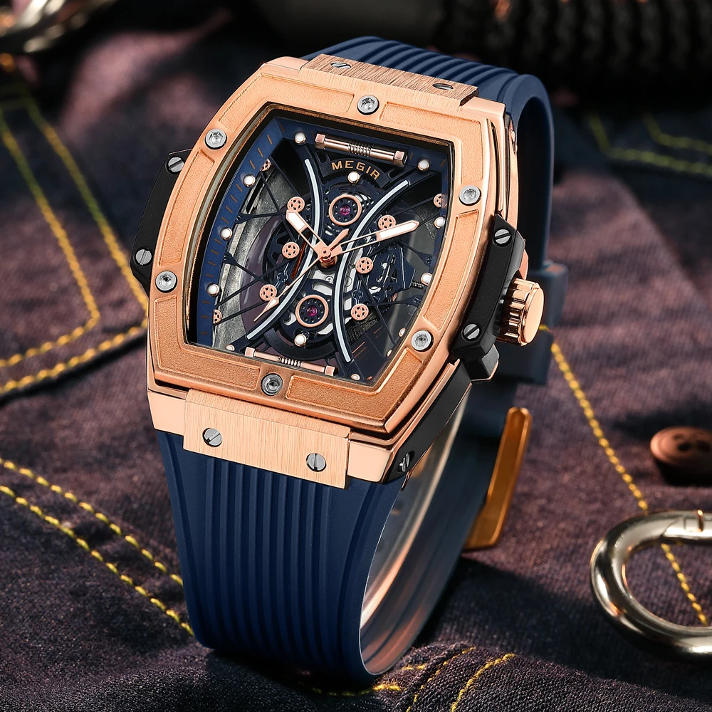 MEGIR Blue Fashion Sport Quartz Analog Watch for Men Tonneau Dial Waterproof Wristwatch with Silicone Strap Luminous Hands Date